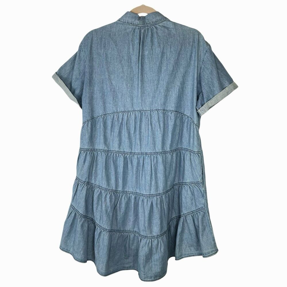 Miou Muse Light Denim Babydoll Dress Cuff Sleeve Tiered Back Button Front Large - Picture 3 of 13